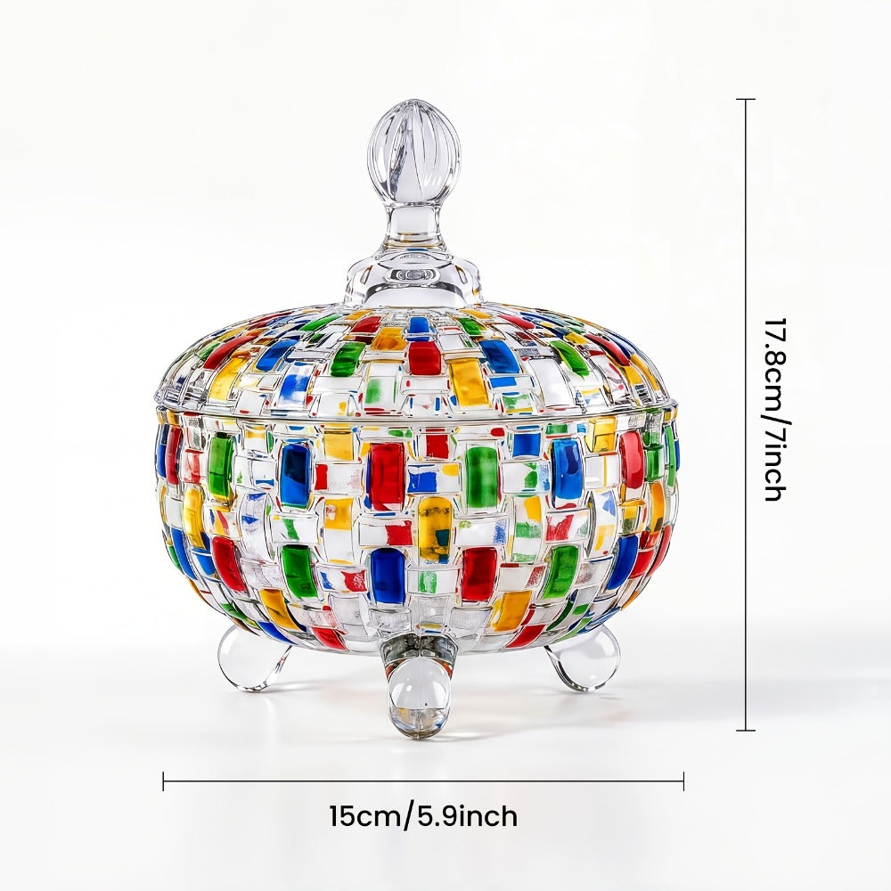 Crystal Glass Candy Dish with Lid & Tongs – Hand-Painted Colorful Candy Box, Jewelry Storage Jar, Christmas Gift for Family & Friends | Elegant Candy Server