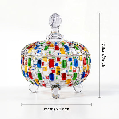 Crystal Glass Candy Dish with Lid & Tongs – Hand-Painted Colorful Candy Box, Jewelry Storage Jar, Christmas Gift for Family & Friends | Elegant Candy Server