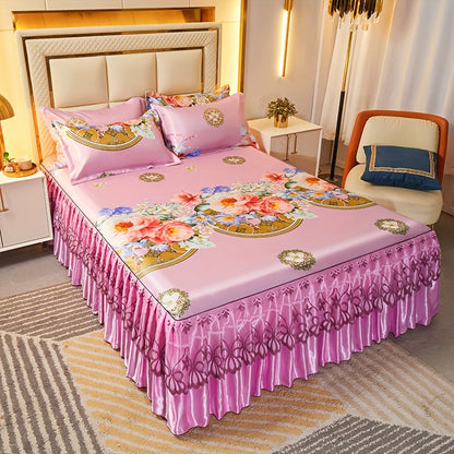 Ruffled Floral Bedspread Mat Set with Two Pillowcases, Twin to King Sizes and Four Pattern Choices