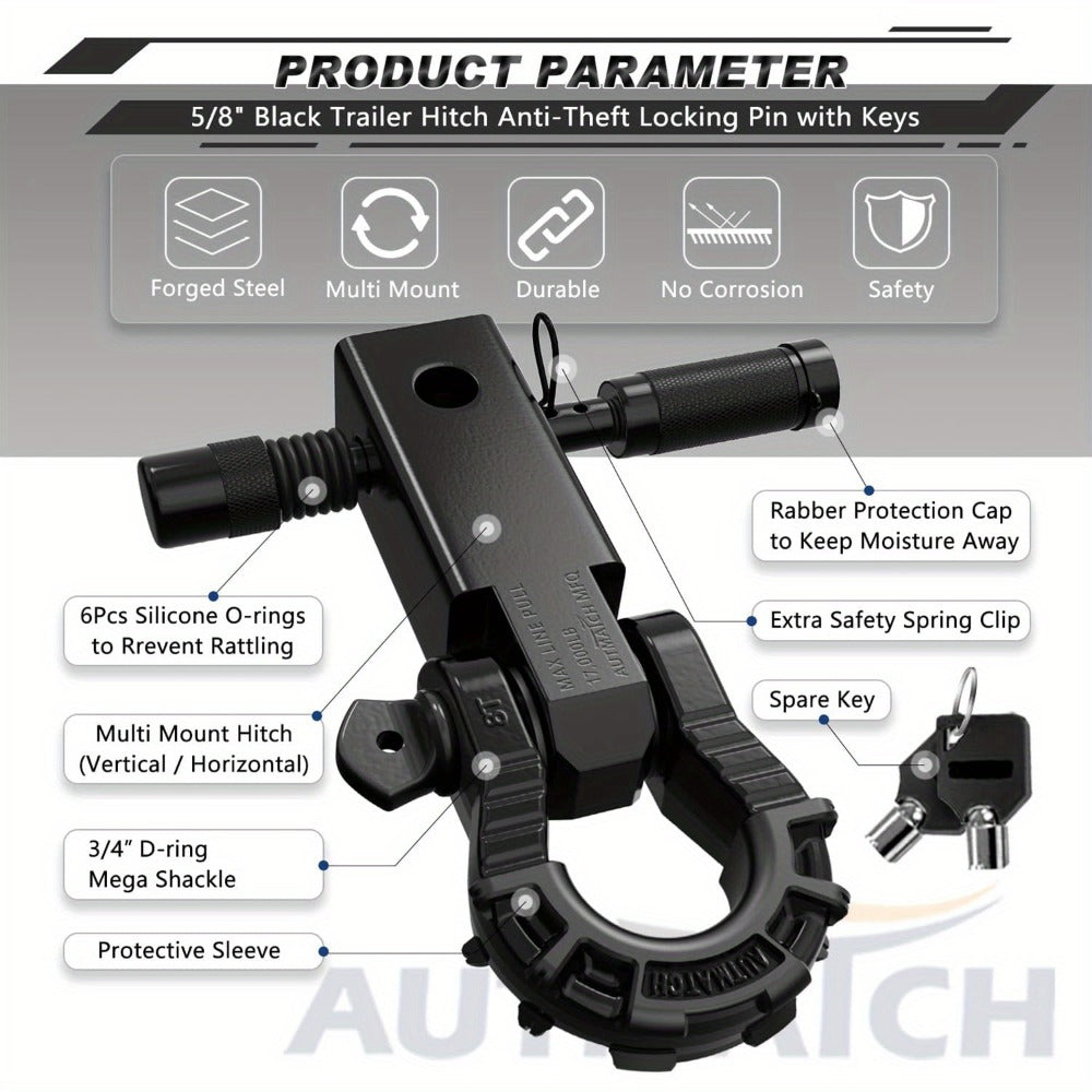 Shackle Hitch Receiver 2-Inch 68,000 lb Break Strength with 3/4" D-Ring & 5/8" Hitch Lock Pin – Heavy Duty Drop Forged Steel 8-Ton Vehicle Recovery Tow Hitch, Multi-Color