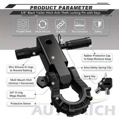 Shackle Hitch Receiver 2-Inch 68,000 lb Break Strength with 3/4" D-Ring & 5/8" Hitch Lock Pin – Heavy Duty Drop Forged Steel 8-Ton Vehicle Recovery Tow Hitch, Multi-Color