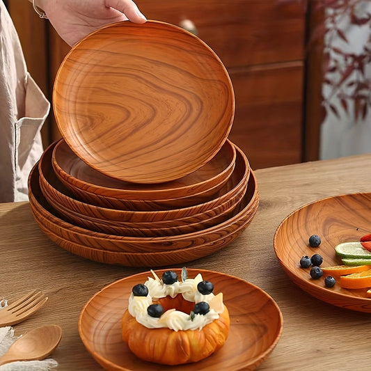 10pcs Wood Grain Dinner Plates Set - Round Striped Plastic Serving Trays for Home Kitchen Dessert Shop Restaurant | Fruit Tray Tea Tray Cake Plate Snack Dish