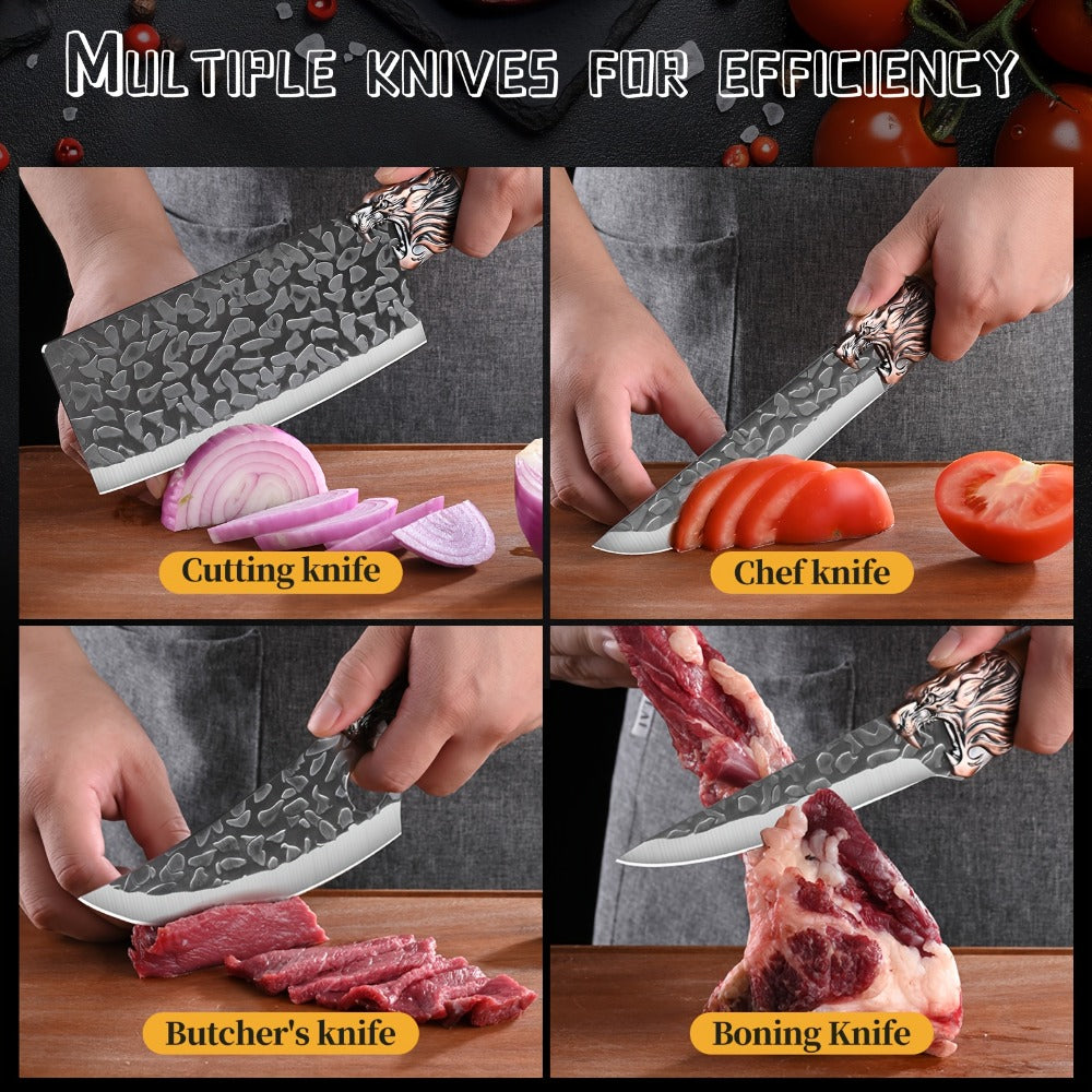 Multi-Piece Kitchen Knife Set with Stainless Steel Labels in Black Three-Piece or Brown Seven-Piece Options