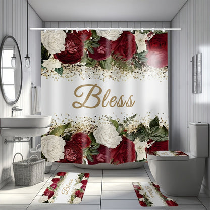 Four-Piece Rose and Bless Shower Curtain Set with Coordinated Mats, Lid Cover and Twelve White Hooks