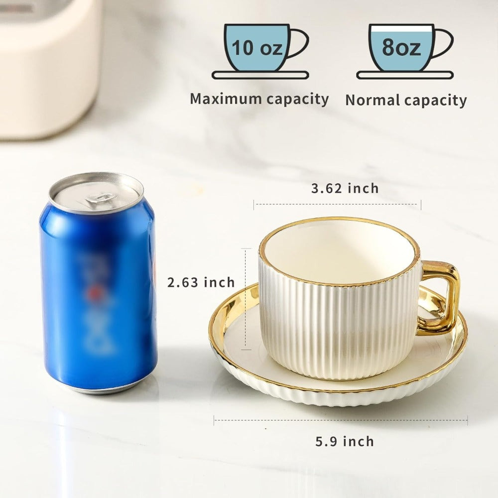 Ceramic Cappuccino Cups with Saucers Set of 6 – 8oz Coffee Mugs with Golden Trim, Latte Art Cups for Espresso Mocha, British Italian Style Café Cups and Saucer Sets for Home Kitchen