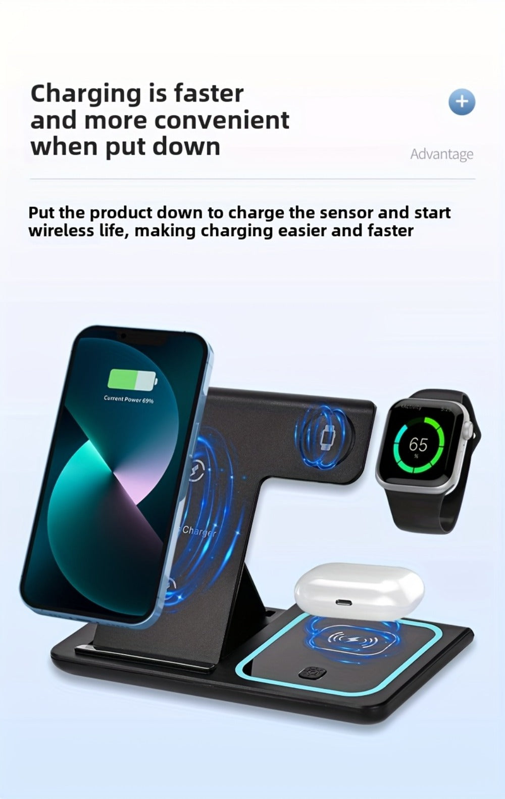 3-in-1 Wireless Charging Station with QC3.0 Adapter Included 15W Fast Charge – Upright Stand for iPhone 17/16/15/14/13/12/11, Apple Watch Ultra/Series 9/8/SE & AirPods | Black & White