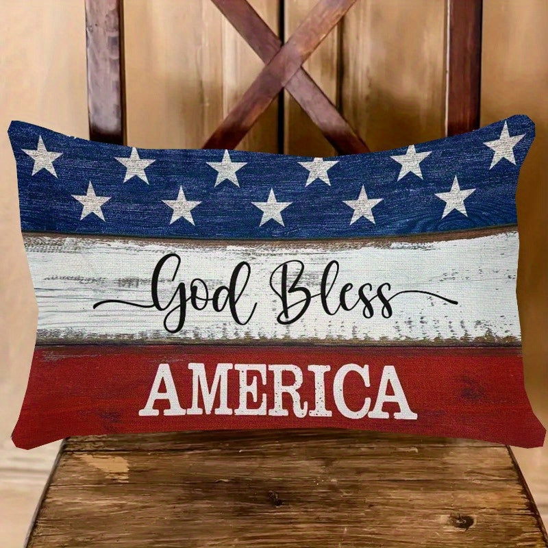 4th of July Throw Pillow Cover 12x20 Inch, God Bless America Patriotic Red White Blue Linen Cushion Case Star Pattern Distressed Wood