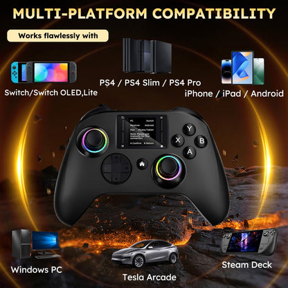 Wireless Gaming Controller Touchscreen PC PS4 Switch Android iOS - 4 Programmable Buttons Rapid Fire 6-Axis Gyroscope Dual Vibration RGB Lighting Bluetooth Gamepad for All Platforms