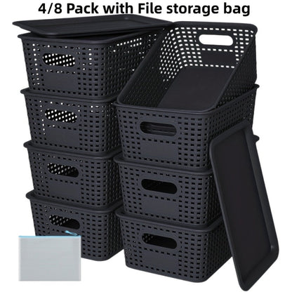 Storage Organizer Bins with Lids 4/8 Pack | Space-Saving Stackable Boxes 10"x7"x4" for Shelves, Closet & Desk - Declutter Bins for Dorm, Playroom & Office with File Organizer Bag, White Black Gray Red