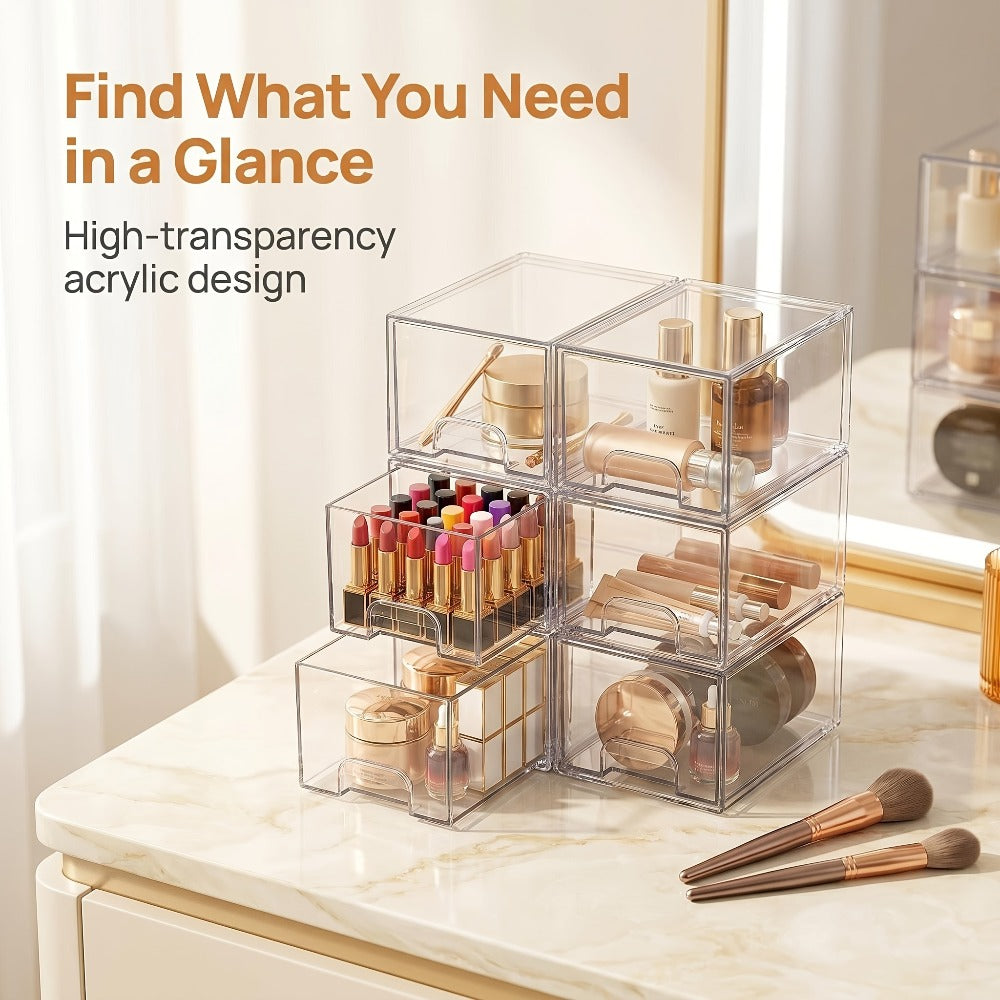 Clear Stackable Storage Drawers, 8-Pack Pull-Out Organizer Bins for Bathroom Cabinets, Vanity Desks and Countertops