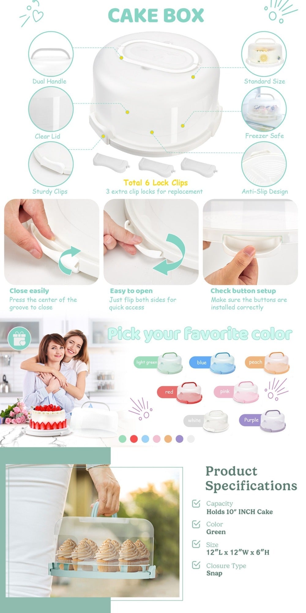 10-Inch Cake Carrier with Lid Plastic Cake Storage Container Cupcake Keeper 2 Handles for Entryways, Bedrooms and Living Spaces