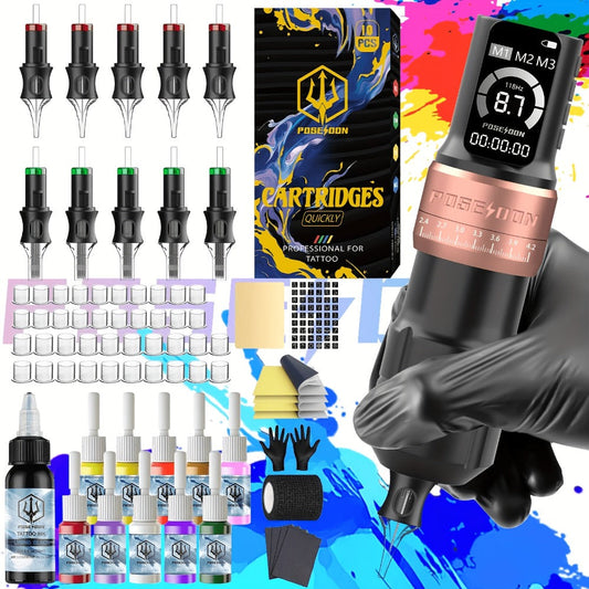 Beginner Tattoo Machine Kit Wireless Rotary — 2300mAh Battery, LCD Display, 20pcs Needles, 11 Inks, Practice Skin, Transfer Paper, Type-C Charging, Complete Starter Set