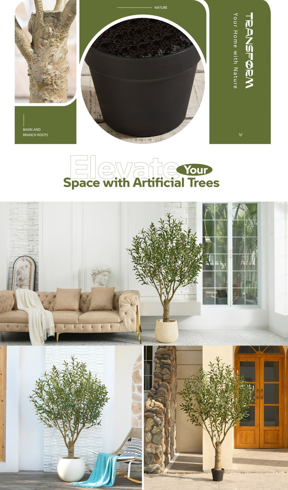 Potted Olive Artificial Tree with 5, 6, 7 and 8 ft Height Options, Black Planter and Branching Green Leaves