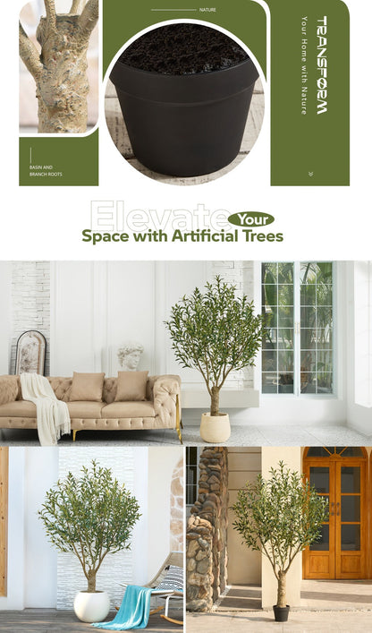 Potted Olive Artificial Tree with 5, 6, 7 and 8 ft Height Options, Black Planter and Branching Green Leaves