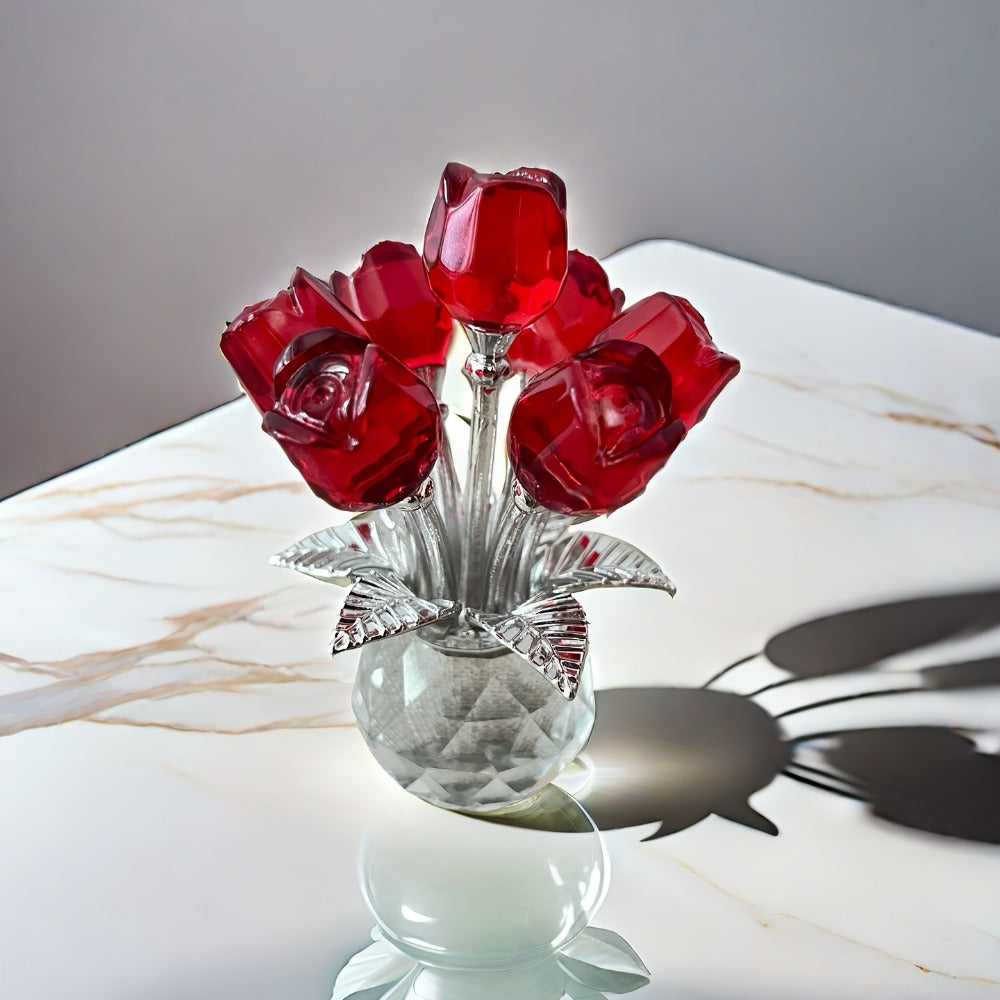 Glass Rose Floral Sculpture in Blue or Purple with Five Faceted Blooms and Silver-Tone Leaves for Display