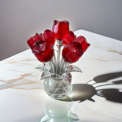 Glass Rose Floral Sculpture in Blue or Purple with Five Faceted Blooms and Silver-Tone Leaves for Display