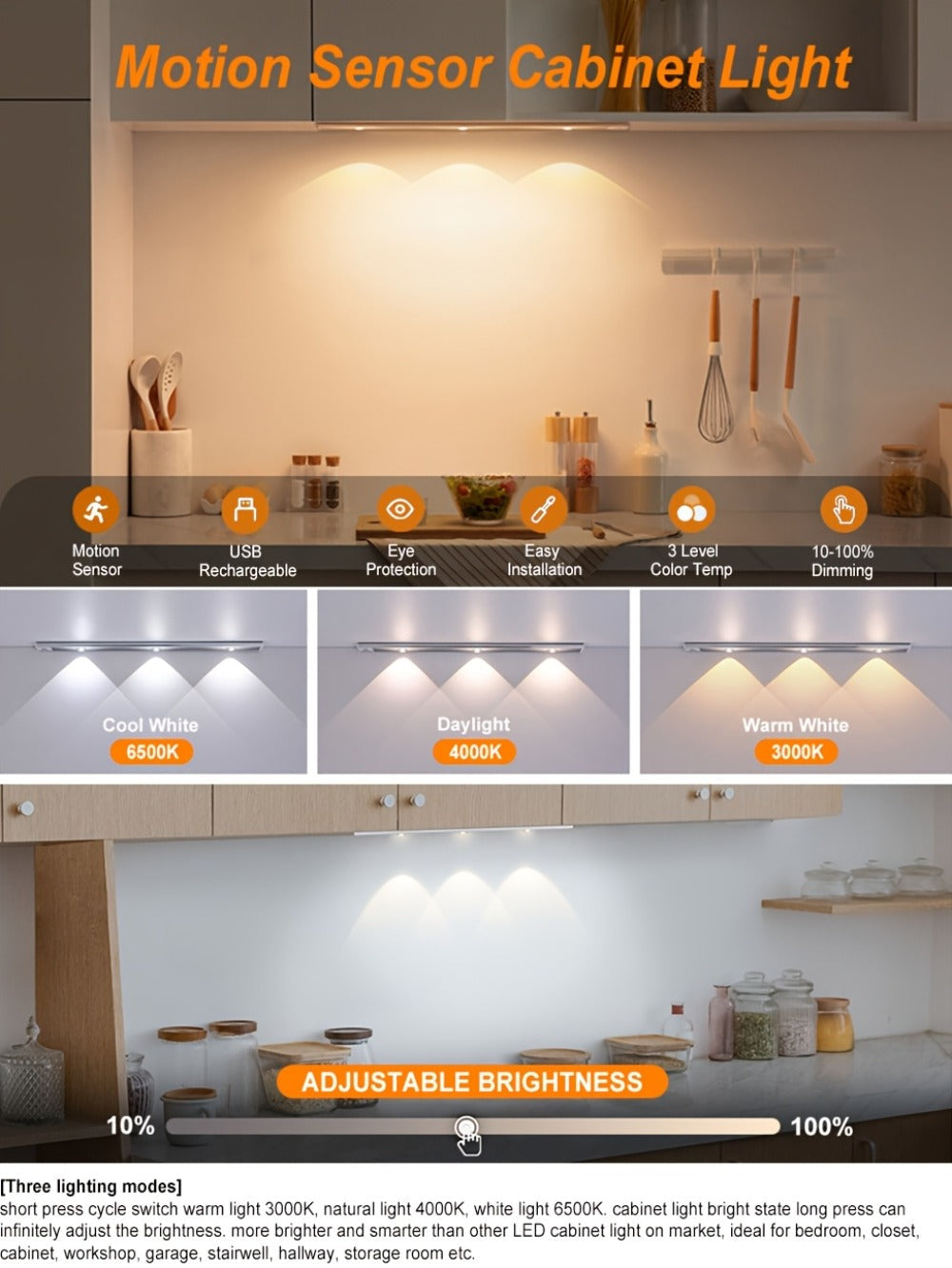 LED Strip Light Motion Sensor Bar with USB Rechargeable Power, Three White Tones, 20–50cm Sizes and One or Two Packs