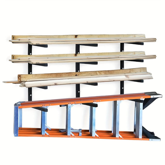 Lumber Storage Rack Wall Mount 4-Level – 800 LBS Per Level Metal Wood Organizer Rack for Garage, Shed & Workshop | Heavy Duty Wall Mounted Wood Storage Rack for Lumber, Pipes & Long Materials | Black