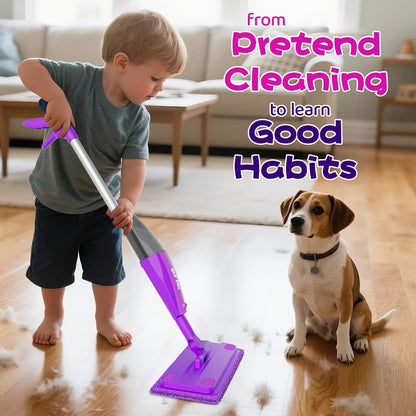 Purple Pretend Play Spray Mop Set with 29-Inch Sectional Handle, Squeeze Trigger and Two Mop Pads