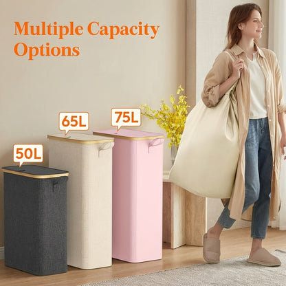 Slim Laundry Hamper with Lid & Removable Bag – Foldable Narrow Clothes Basket with Bamboo Handles for Bathroom, Bedroom & Dorm – 50L / 65L / 75L Space-Saving Collapsible Laundry Bin