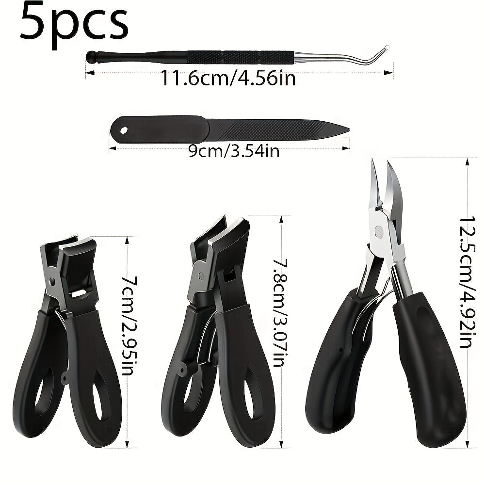 Wide-Jaw Nail Clipper Set, Five-Piece Black-Handle Kit with Straight, Concave and 45-Degree Slanted Tools