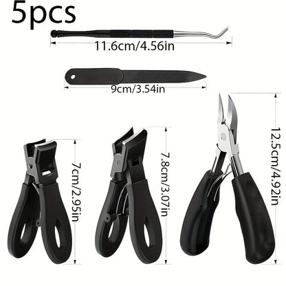Wide-Jaw Nail Clipper Set, Five-Piece Black-Handle Kit with Straight, Concave and 45-Degree Slanted Tools
