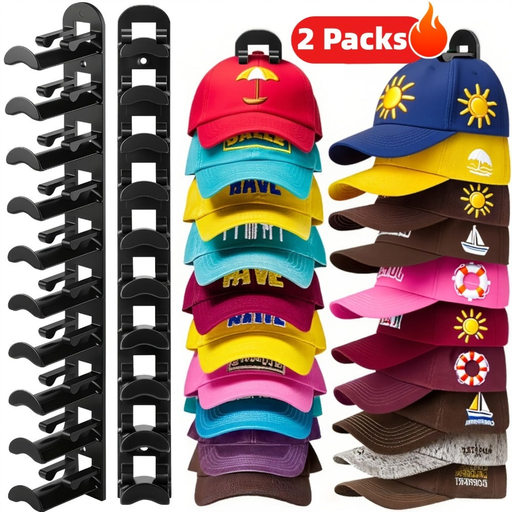 Wall Mounted Hat Rack for Baseball Caps – Adhesive or Drill Mount, Holds 20 Hats, Multilayer Storage, 2pcs