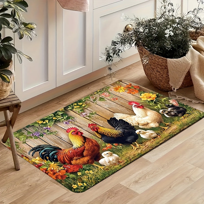 Rooster Farmhouse Kitchen Rugs in Round, Runner and 1- to 4-Piece Mat Set Size Options for Floors