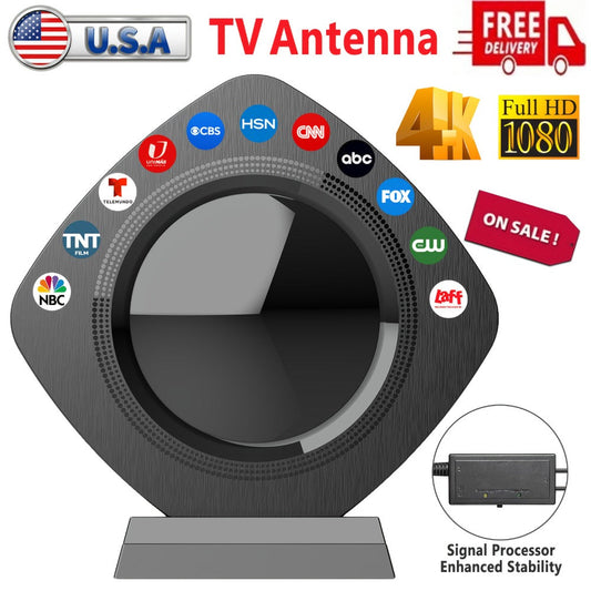 TV Antenna with Circular Omnidirectional Body, Powered Signal Amplifier, Coaxial Cable and Indoor Stand