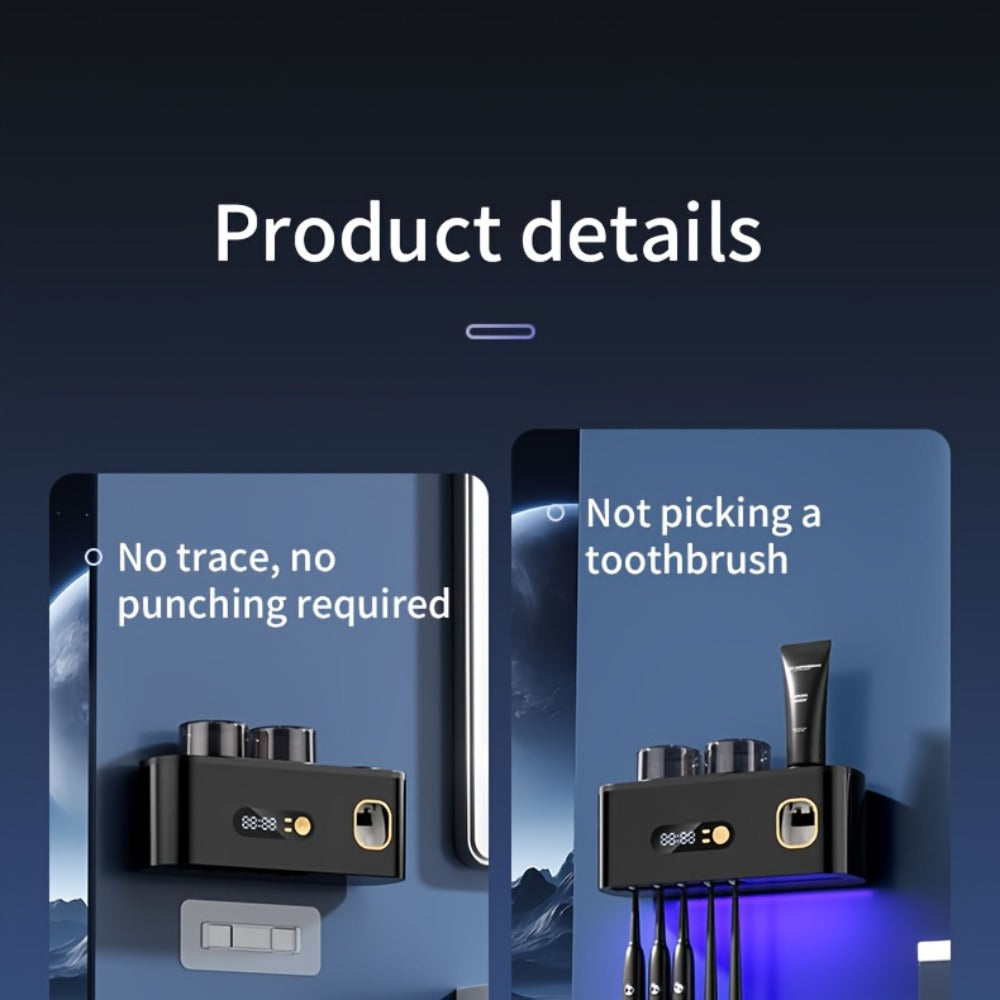 Five-Slot Wall-Mounted Toothbrush Holder with Two Cups, Toothpaste Dispenser and Digital Display