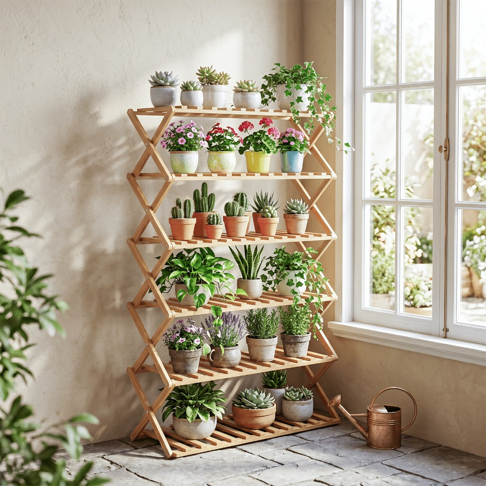 Foldable Bamboo-Labeled Shoe Rack with Six- or Eight-Tier Primary and Brown Checkout Options