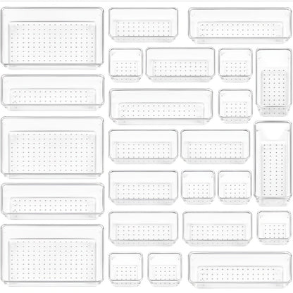 Clear Drawer Organizer Trays 25 Pack with 4 Sizes, Plastic Storage Bins for Desk Drawer Kitchen Flatware Cosmetics Dresser Under Bed Organization Dividers
