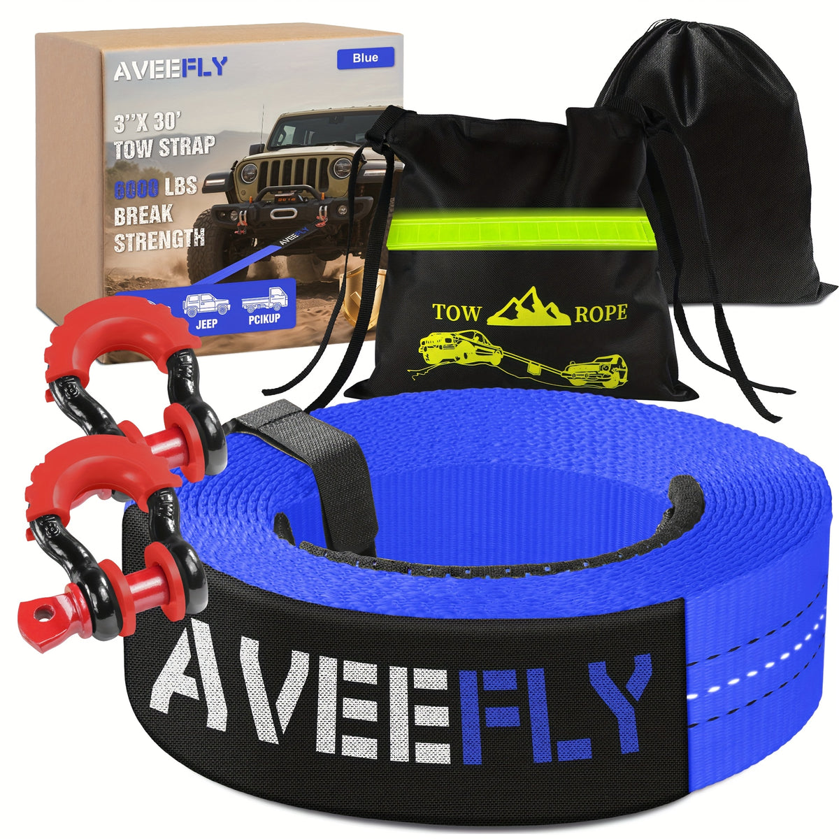 Recovery Tow Strap 4-in-1 Kit 4000-6000 LBS - Off-Road Emergency Strap with D-Ring Shackles, Safety Flag & Storage Bag for Truck, Jeep, ATV, UTV