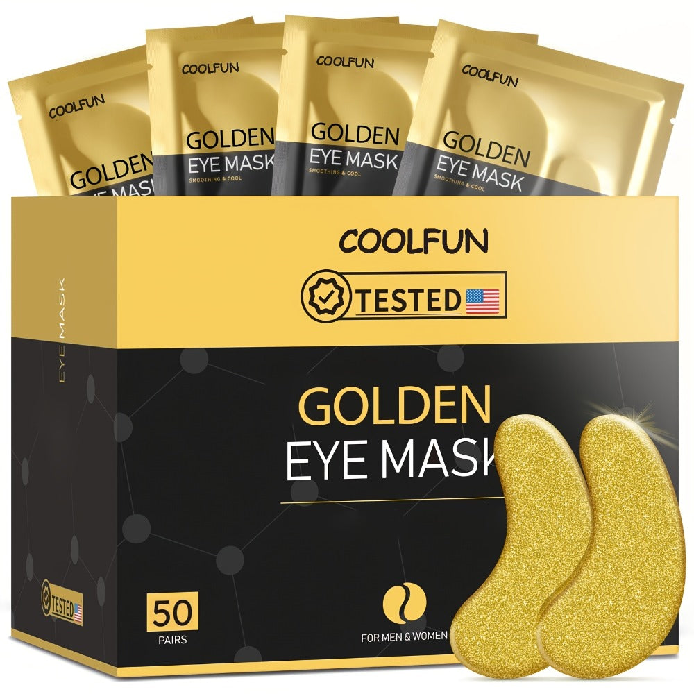 50-Pair Gold-Tone Under-Eye Patch Box with Individual Pouches and Collagen, Hyaluronic Acid and Glycerin Wording
