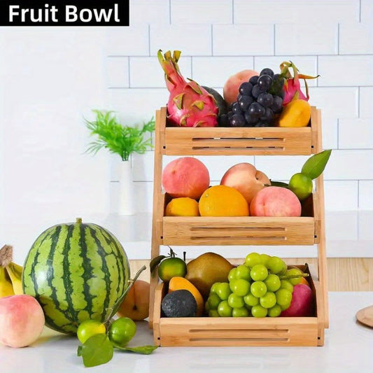 Fruit Rack Kitchen Organizer 2 or 3 Tier Natural Bamboo Freestanding Basket Shelf with Two Hooks