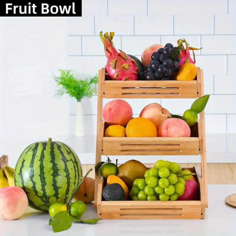 Fruit Rack Kitchen Organizer 2 or 3 Tier Natural Bamboo Freestanding Basket Shelf with Two Hooks