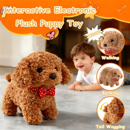 Electronic Plush Puppy Toy in Teddy Brown with Walking, Barking, Hip-Twist and Tail-Wagging Movements