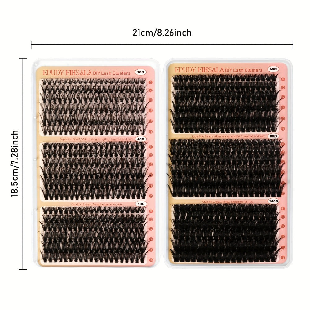 Lash Extension Kit with 708 Clusters in 8-16mm Mixed Lengths and 30D-100D Densities, Glue, Tweezers and Brush