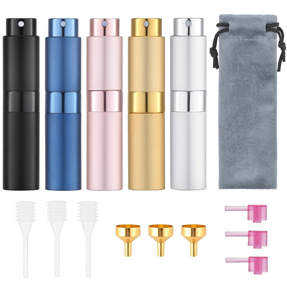 Five-Pack 8 ml Refillable Perfume Atomizers in Five Colors with Twist-Up Travel Sprayer Design