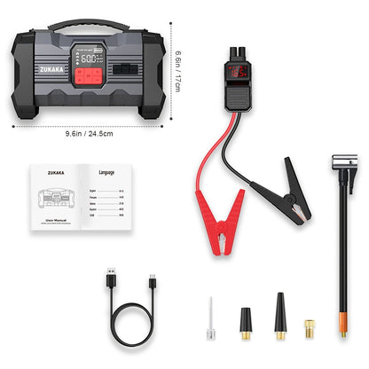Jump Starter with Air Compressor 9000A Peak 10-in-1 150 PSI for All Gas 10L Diesel 12V USB USB-C Digital Display LED 10 Safety Protections Power Bank