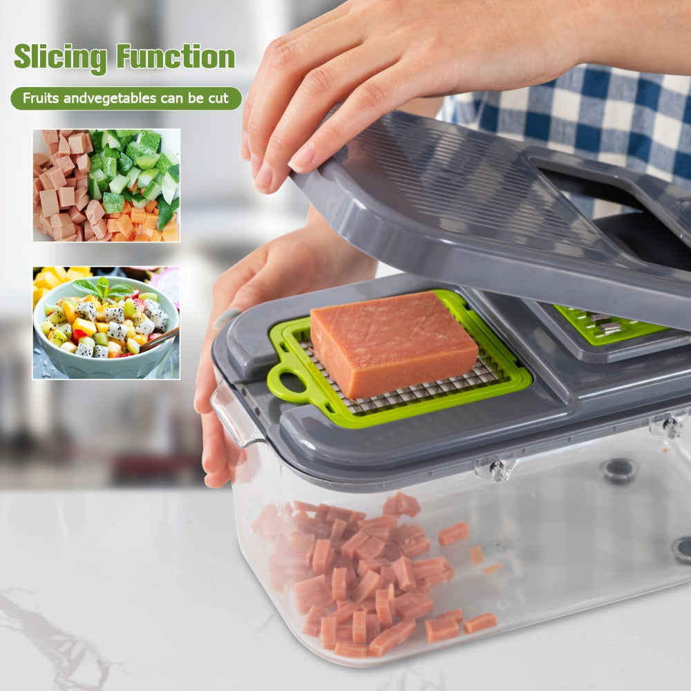 Green 25-in-1 Vegetable Chopper Set with Catch Container, Hand Guard and Interchangeable Cutting Inserts