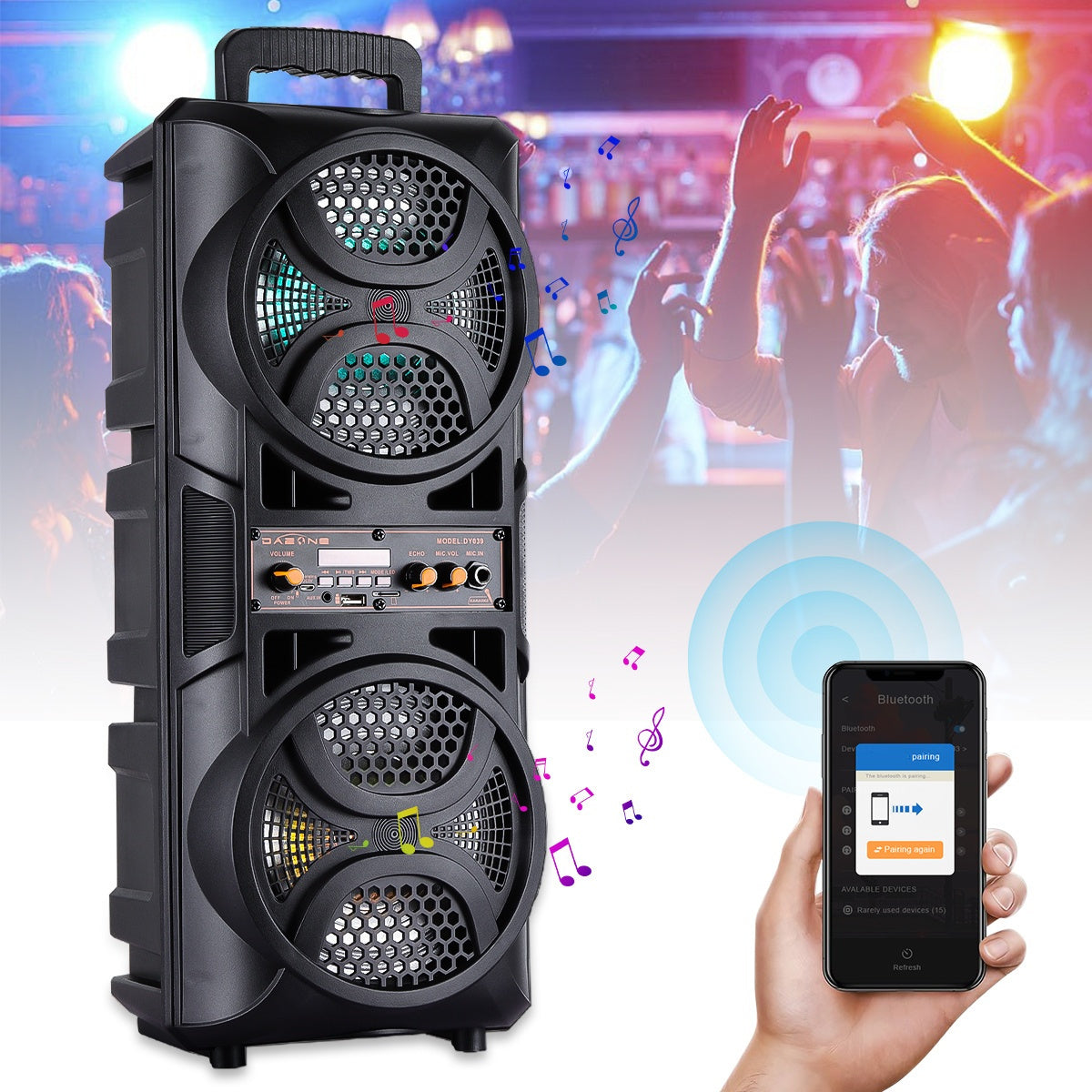 Portable PA Speaker Dual-Woofer RGB Karaoke System with 1800mAh Battery, Wired Mic and Remote