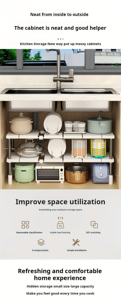 Adjustable Under-Sink Organizer with White Single-Layer Sliding Panels, Metal-Look Supports and Central Plumbing Gap