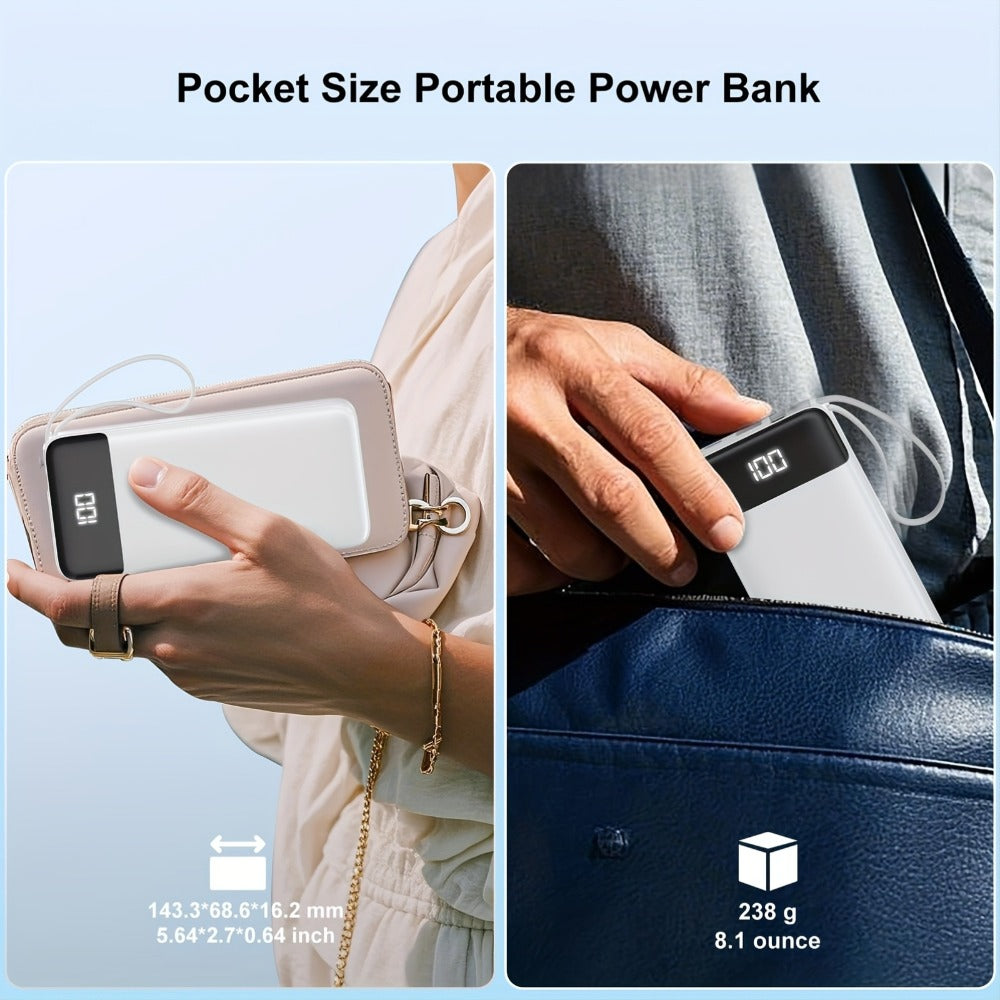 Power Bank 20000mAh with Built-In Cable Set, 20W Listed Charging and Solar or Standard Options