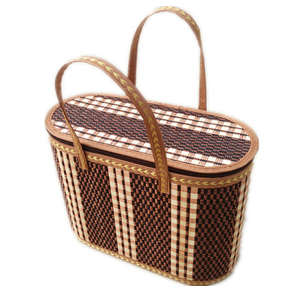Woven Picnic Storage Basket with Fitted Checked Lid and Carry Handles, 14.17 x 6.3 x 10.24 Inches