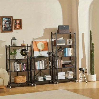 Three-to-Five-Tier Wheeled Storage Rack with Foldable Shelves and Black or White Configurations