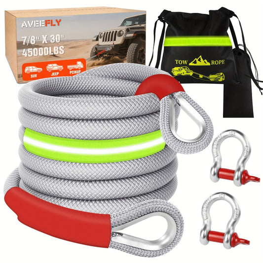Recovery Tow Strap Kit 45000 LBS Break Strength – 7/8" x 30ft Polyester Rope, 2 D-Ring Shackles, Reflective Flag & Storage Bag, for Truck Jeep SUV ATV UTV Boat Off-Road