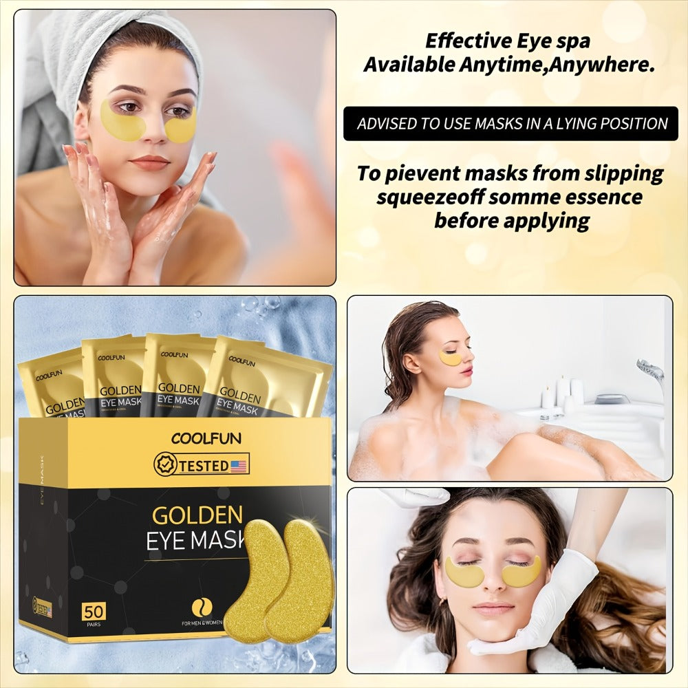 50-Pair Gold-Tone Under-Eye Patch Box with Individual Pouches and Collagen, Hyaluronic Acid and Glycerin Wording
