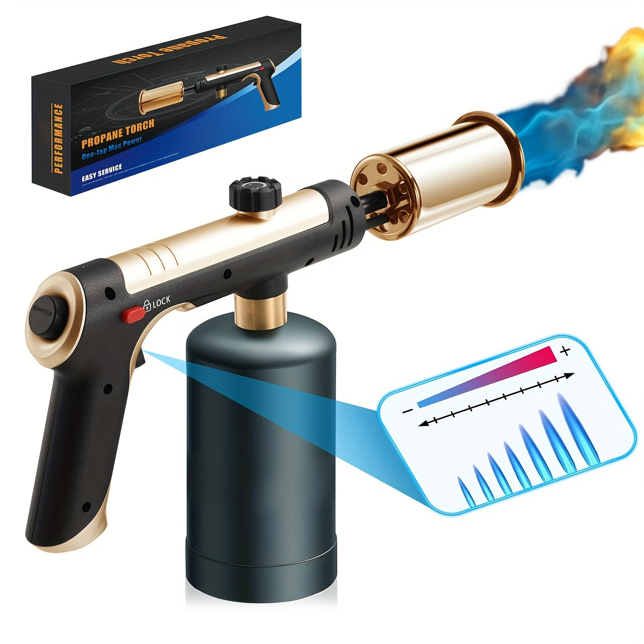 Handheld Propane or MAPP Torch with Trigger Ignition, Flame Control and Black or Golden Finish
