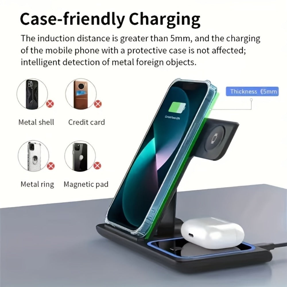 3-in-1 MagSafe Wireless Charging Station 15W Fast Charger – Foldable HS BS Style Stand for iPhone 16 15 14 13 12 Pro Max, Apple Watch Ultra Series 9 8 7 & AirPods 3 2 Pro, Desk Bedside Nightstand
